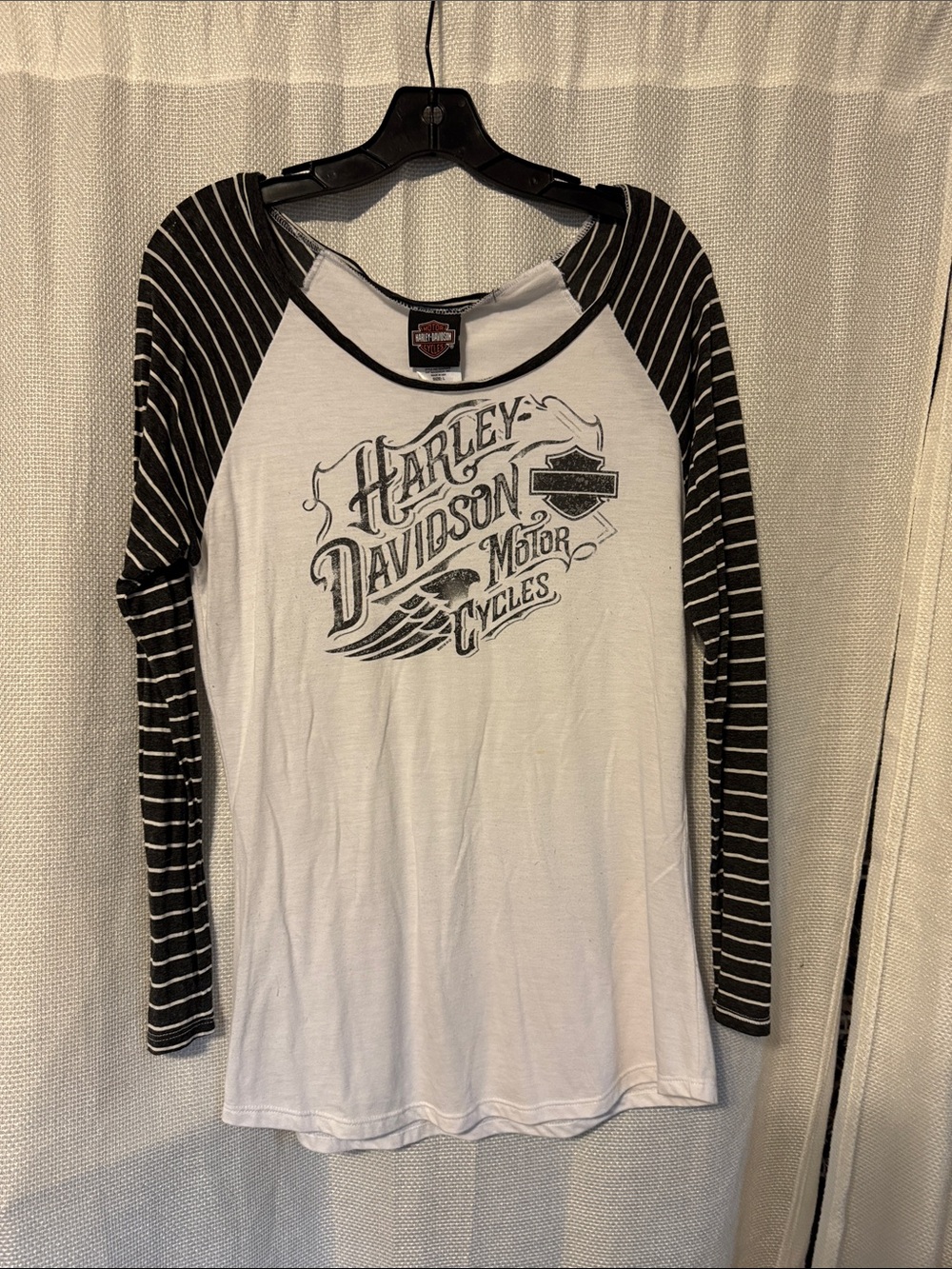 Harley-Davidson White Tee with Black Striped Raglan Sleeves